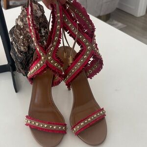Aquazzura Red and Gold Embellished Sandals